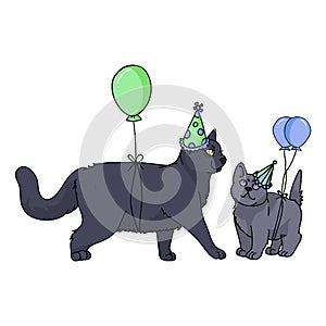 Cute cartoon British Shorthair kitten and cat with party hat vector clipart. Pedigree kitty breed for cat lovers