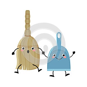 Cute cartoon broom and dustpan characters vector illustartion in