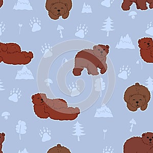 Cute cartoon brown bears seamless pattern on blue background, wild animals with forest flora elements, editable vector