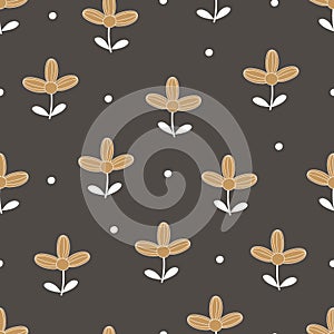 Cute cartoon brown flowers seamless pattern in flat style