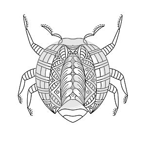 Cute cartoon bug with ornament. Design for coloring page