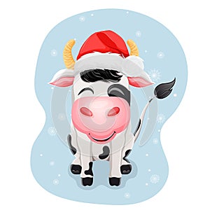 Cute cartoon bull, cow in red santa claus hat. Happy New Year