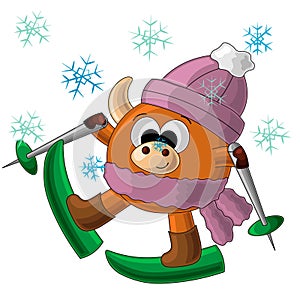 Cute cartoon bull in hat and scarf with skis