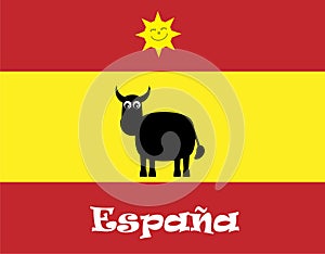 Cute Cartoon Bull, Spanish Flag & Sun