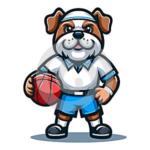 Cute cartoon bulldog puppy playing basketball mascot character design vector, logo template isolated on white background