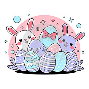Cute Cartoon Bunnies with Easter Eggs Vector