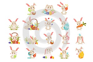 Cute cartoon bunnies holding colored eggs set, funny rabbit characters, Happy Easter concept cartoon vector