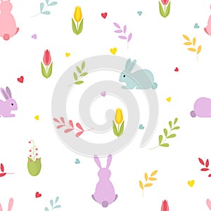 Cute cartoon bunnies with sprigs flowers, hearts. Seamless colorful pattern.