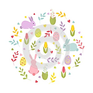 Cute cartoon bunnies, twigs, hearts, Easter eggs, flowers in a round composition. Isolated illustration.