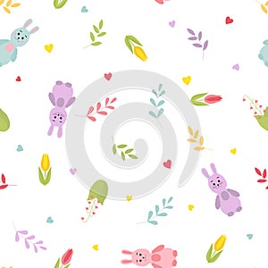 Cute cartoon bunnies, twigs, hearts, spring flowers. Seamless colorful pattern.