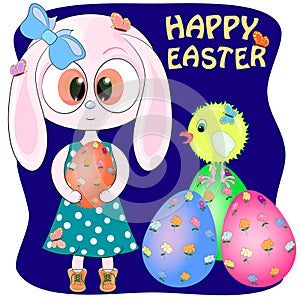 Cute cartoon bunny with chicken and easter egs photo