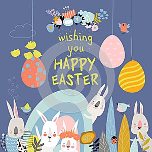 Cute cartoon bunny with Easter eggs and flowers