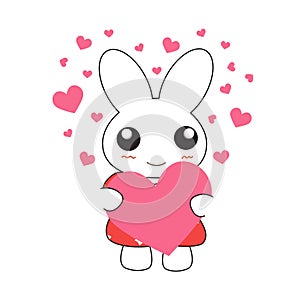 Cute cartoon bunny girl in a pretty pink dress with hearts.