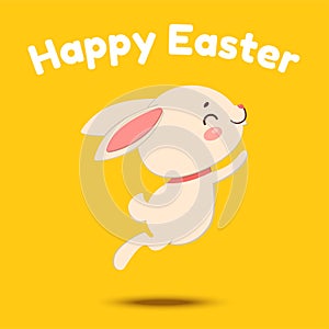 Cute cartoon bunny is jumping and smiling. Isolated on yellow background.