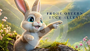 Cute cartoon bunny points at German text \