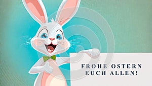 Cute cartoon bunny points at German text \