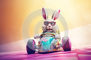 Cute cartoon bunny on racing car. Generate ai