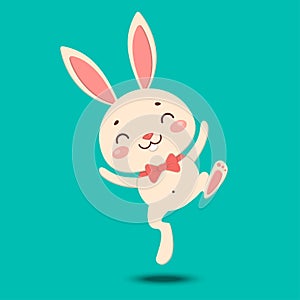 A cute cartoon bunny in a red bow tie is jumping, dancing and smiling. Isolated on turquoise background