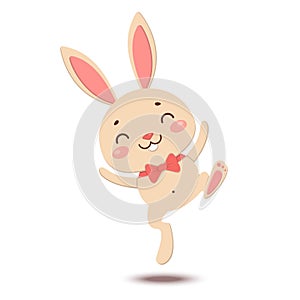A cute cartoon bunny in a red bow tie is jumping, dancing and smiling. Isolated on white background