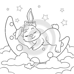 Cute cartoon bunny sleeping on the moon in clouds. Black and white illustration for coloring book