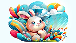 Cute cartoon bunny surrounded by vibrant flowers and nature