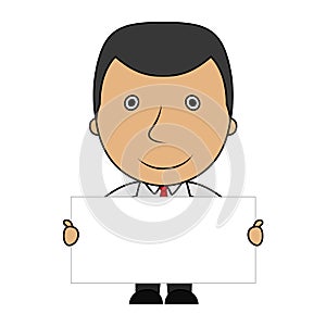 Cute cartoon businessman holding a blank sign