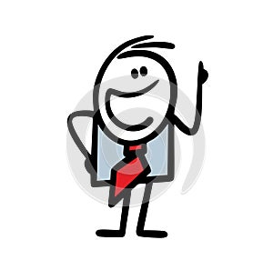 Cute cartoon businessman points finger up to attract attention to important information.