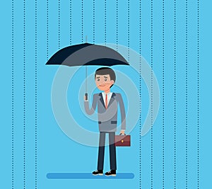 Cute Cartoon Businessman with Umbrella Standing Under the Rain. Vector flat-style illustration.