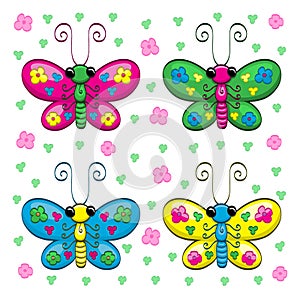 Cute cartoon butterflies and flowers