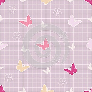 Cute cartoon butterfly flat style in seamless gingham pattern