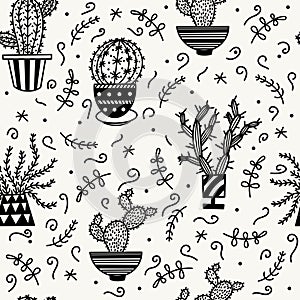 Cute cartoon cacti seamless vector pattern. Hand-drawn black doodle. Outline succulents. Thorny plants in pots. Botanical sketch.