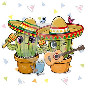 Cute cartoon cacti wearing a sombrero with a guitar and maracas photo