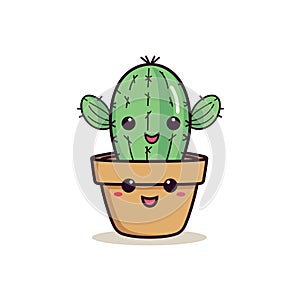 Cute cartoon cactus smiling cheerfully inside brown pot. Happy anthropomorphic houseplant photo