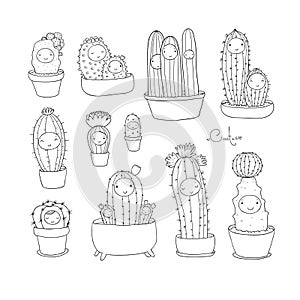 Cute cartoon cactus and succulents in pots. vector
