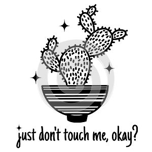 Cute cartoon cactus vector illustration. Hand drawn black outline of a potted plant. Succulent plant on a white background. Doodle