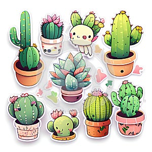 Cute cartoon cactuses and succulents stickers set. Vector illustration