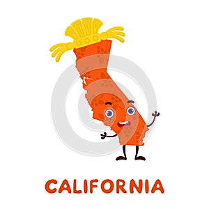 Cute cartoon California state character clipart. Illustrated map of state of California of USA with state name. Funny character