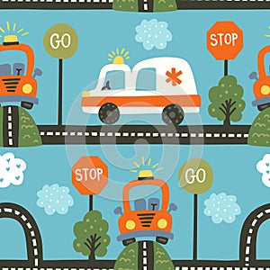 Cute cartoon car seamless pattern.
