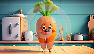 Cute Cartoon Carrot on a Kitchen Counter, generative Ai