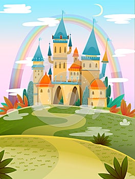 Cute cartoon castle. FairyTale cartoon castle. Fantasy fairy tale palace with rainbow. Vector illustration