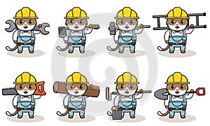 Cute cartoon of Cat being a handyman with big tools.