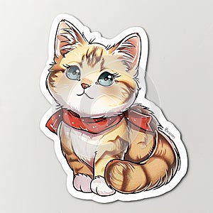 A cute cartoon cat with big eyes and a red scarf is sitting and looking up. The cat has brown and white fur and a pink nose