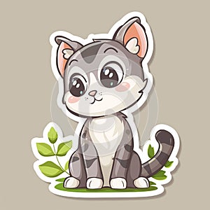 A cute cartoon cat with big eyes is sitting on the grass and looking at the viewer. The cat has gray and white fur and a pink nose