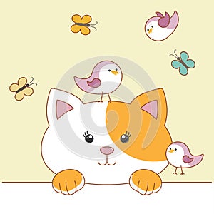 Cute cartoon cat with birds and butterflies. Hello spring.
