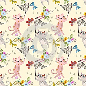 Cute cartoon cat and butterfly in flowers garden seamless pattern.