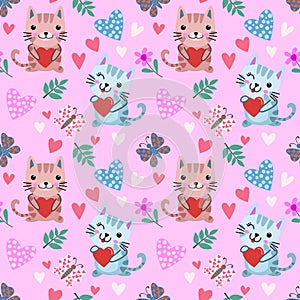 Cute cartoon cat and butterfly with heart shape seamless pattern.