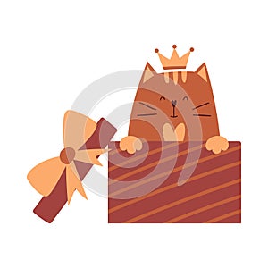 A cute cartoon cat with a crown on his head is sitting in a gift box and smiling. A simple adorable character for Valentine`s day