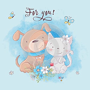 Cute cartoon cat and dog with flowers, postcard print poster for the children s room.