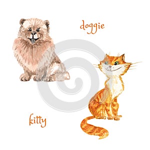 Cute cartoon cat and dog isolated on white. Watercolor illustration.
