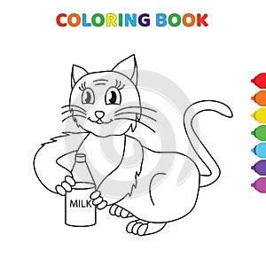 Cute cartoon cat drinking a milk coloring book for kids. black and white vector illustration for coloring book. cat drinking a
